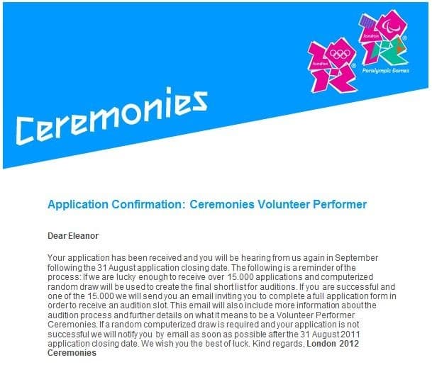 Confirmation email of application