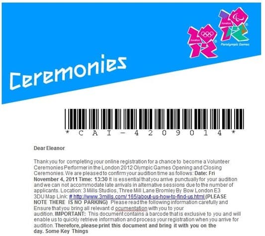 Email confirming audition date